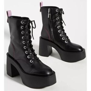 Larroude Olivia Leather Platform Combat Boots Size 10‎ Black Zip Up Block Heel